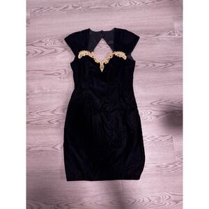 Steppin Out Vintage Black Velvet Gold Lace Cutout Back Cocktail Dress Size 9